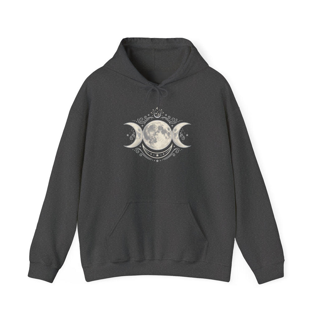 Moon Phase Hoodie — Triple Moon Celestial Graphic Hooded Sweatshirt