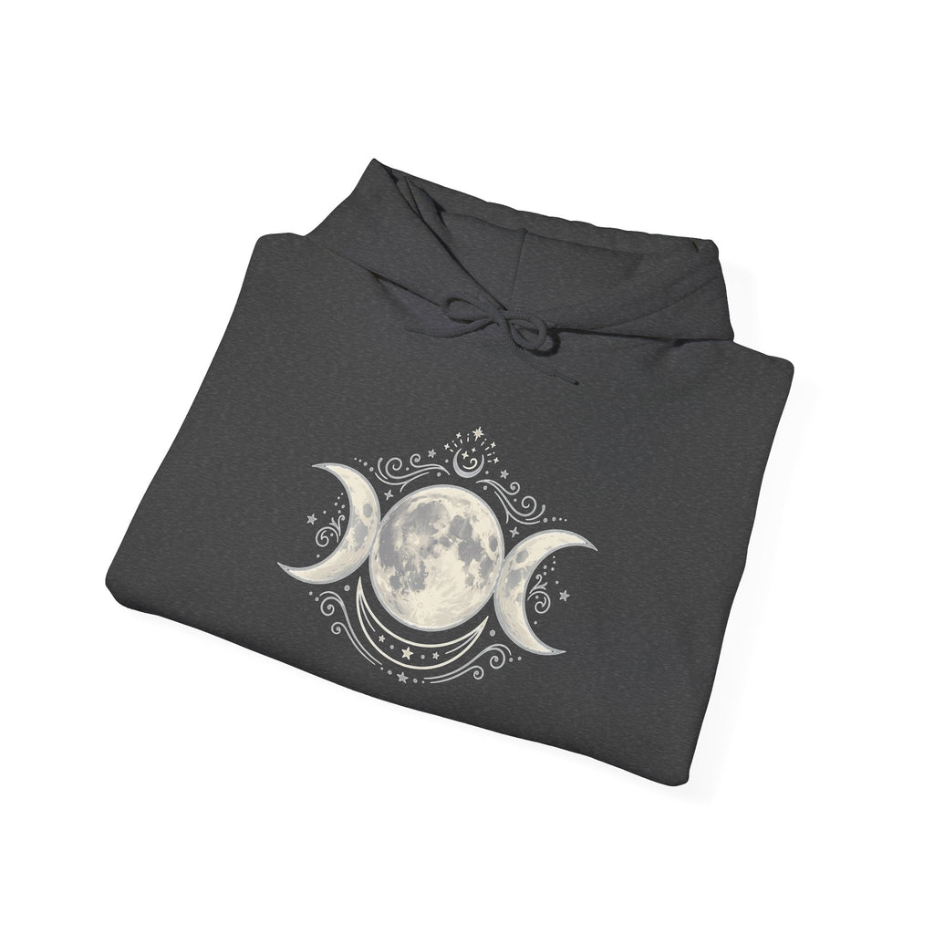 Moon Phase Hoodie — Triple Moon Celestial Graphic Hooded Sweatshirt