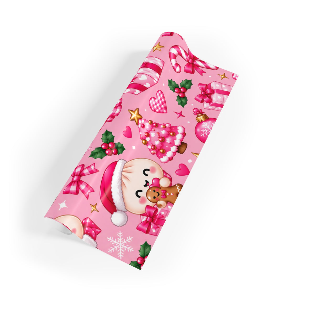 Pink Cute Christmas Gift Wrapping Paper Roll – Santa Puppy & Gingerbread Holiday Wrap