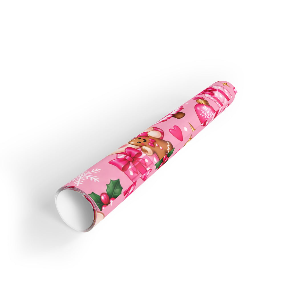 Pink Cute Christmas Gift Wrapping Paper Roll – Santa Puppy & Gingerbread Holiday Wrap
