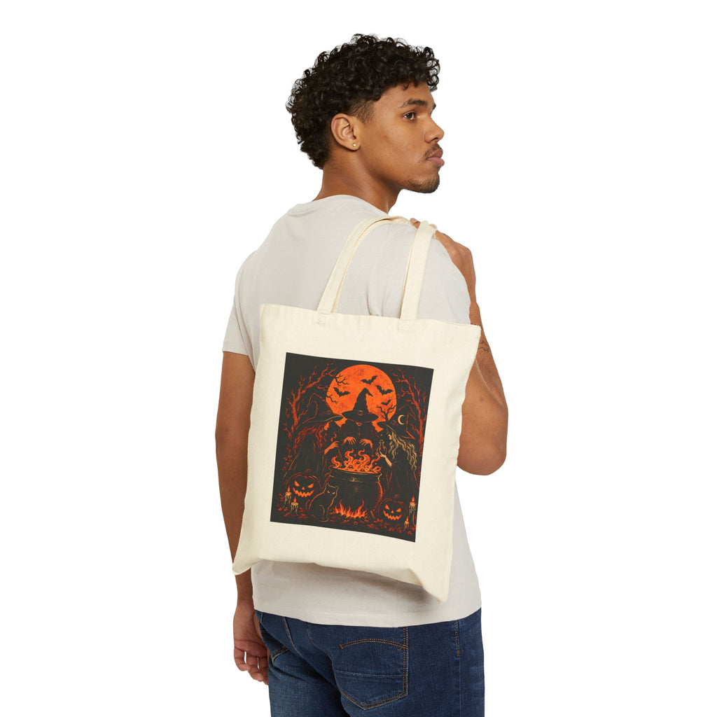 Halloween Pumpkin Skull Tote Bag - Spooky Orange Moon Canvas Tote