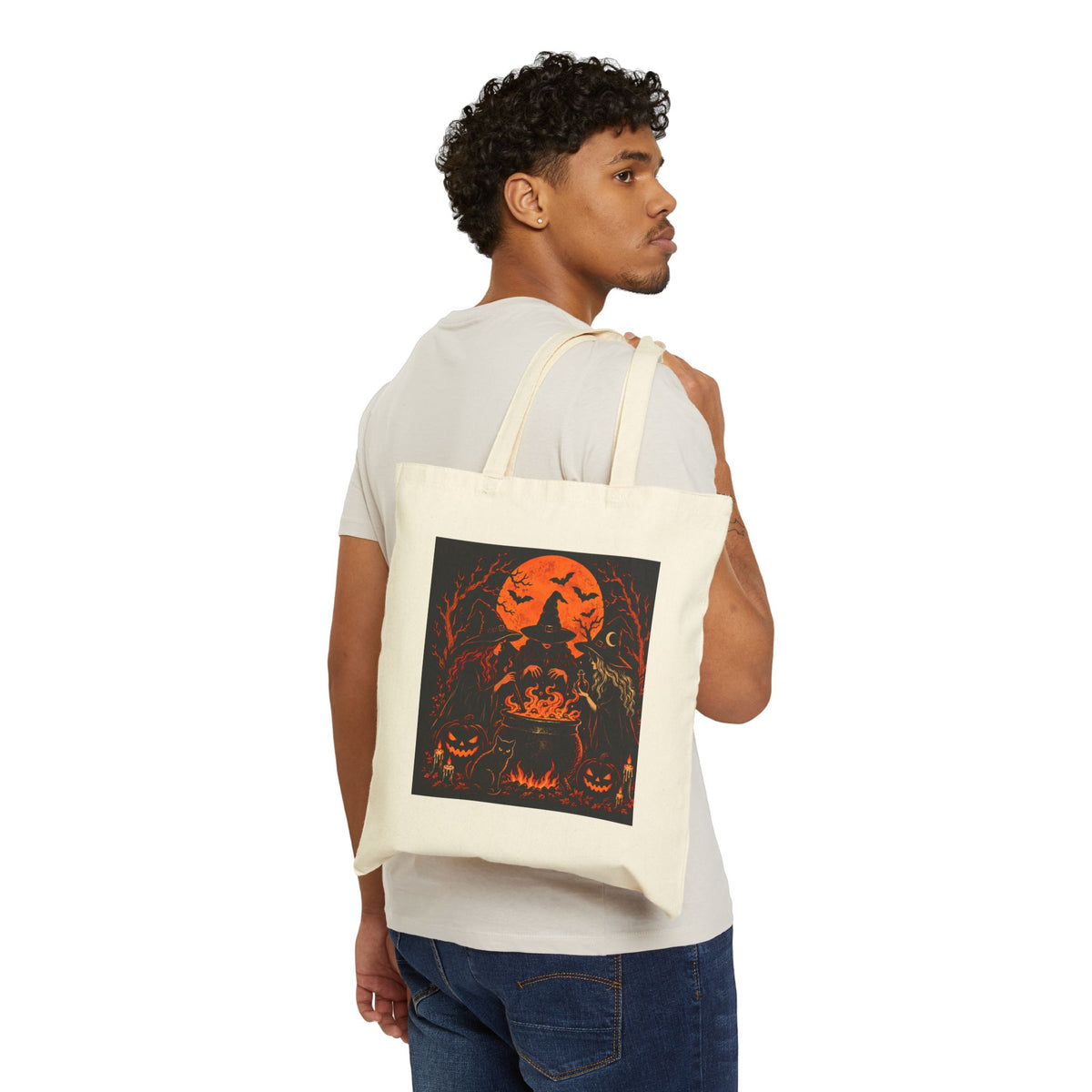 Halloween Pumpkin Skull Tote Bag - Spooky Orange Moon Canvas Tote