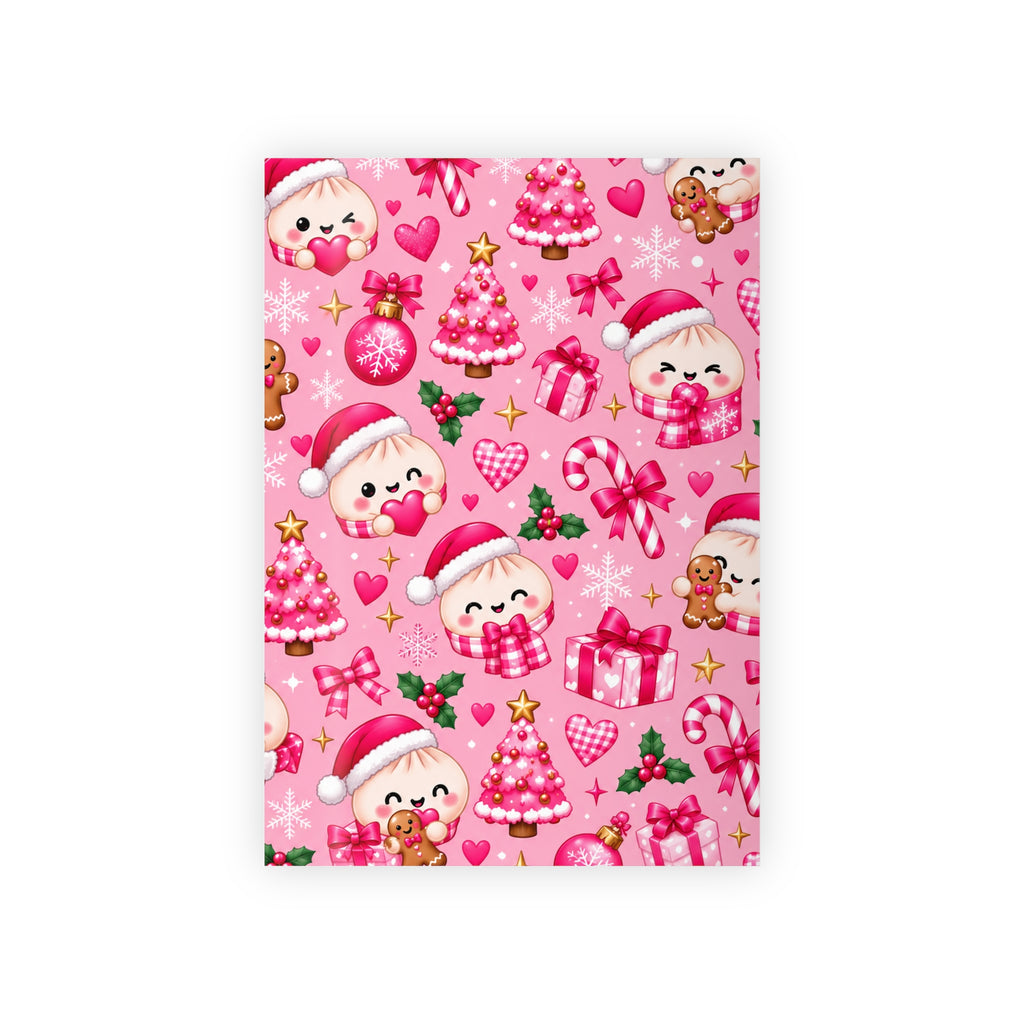 Pink Cute Christmas Gift Wrapping Paper Roll – Santa Puppy & Gingerbread Holiday Wrap