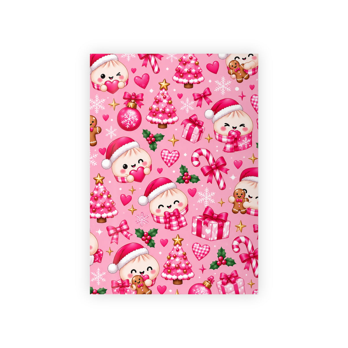 Pink Cute Christmas Gift Wrapping Paper Roll – Santa Puppy & Gingerbread Holiday Wrap