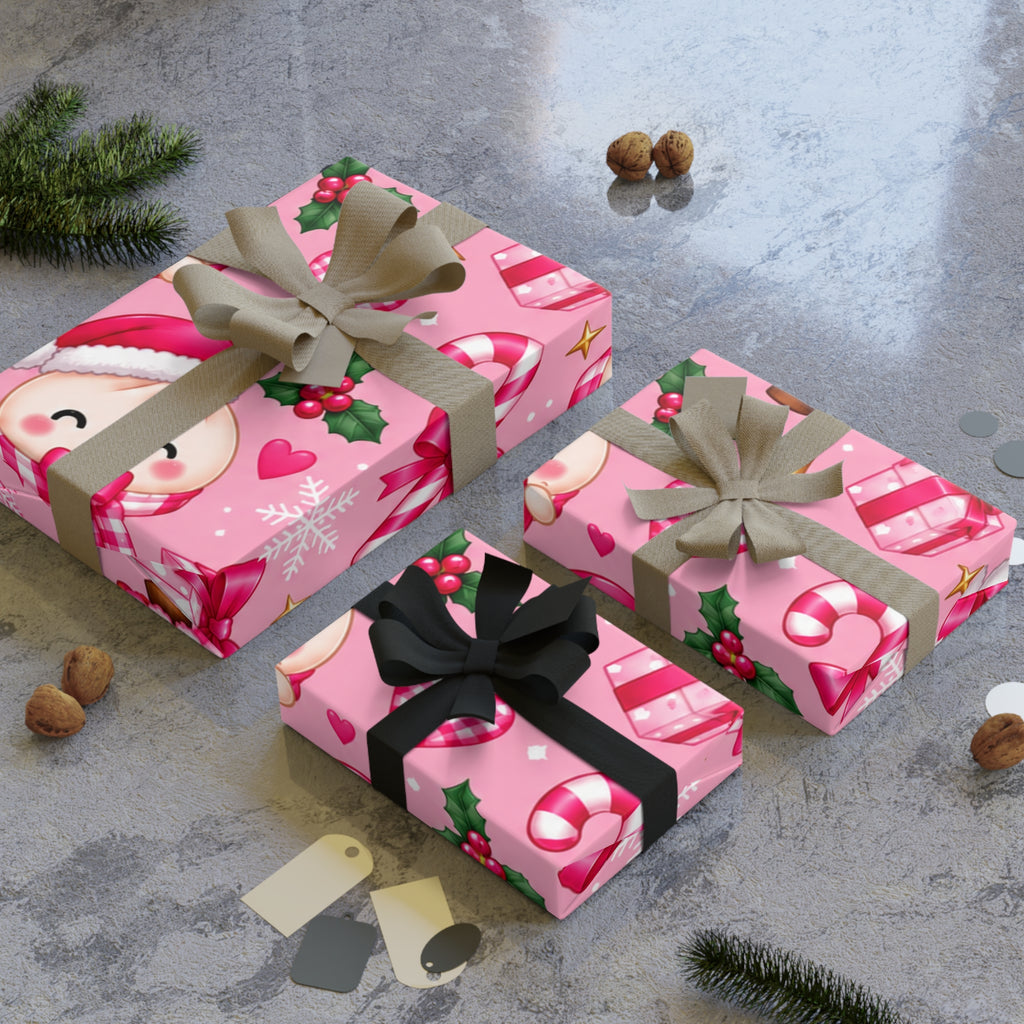 Pink Cute Christmas Gift Wrapping Paper Roll – Santa Puppy & Gingerbread Holiday Wrap